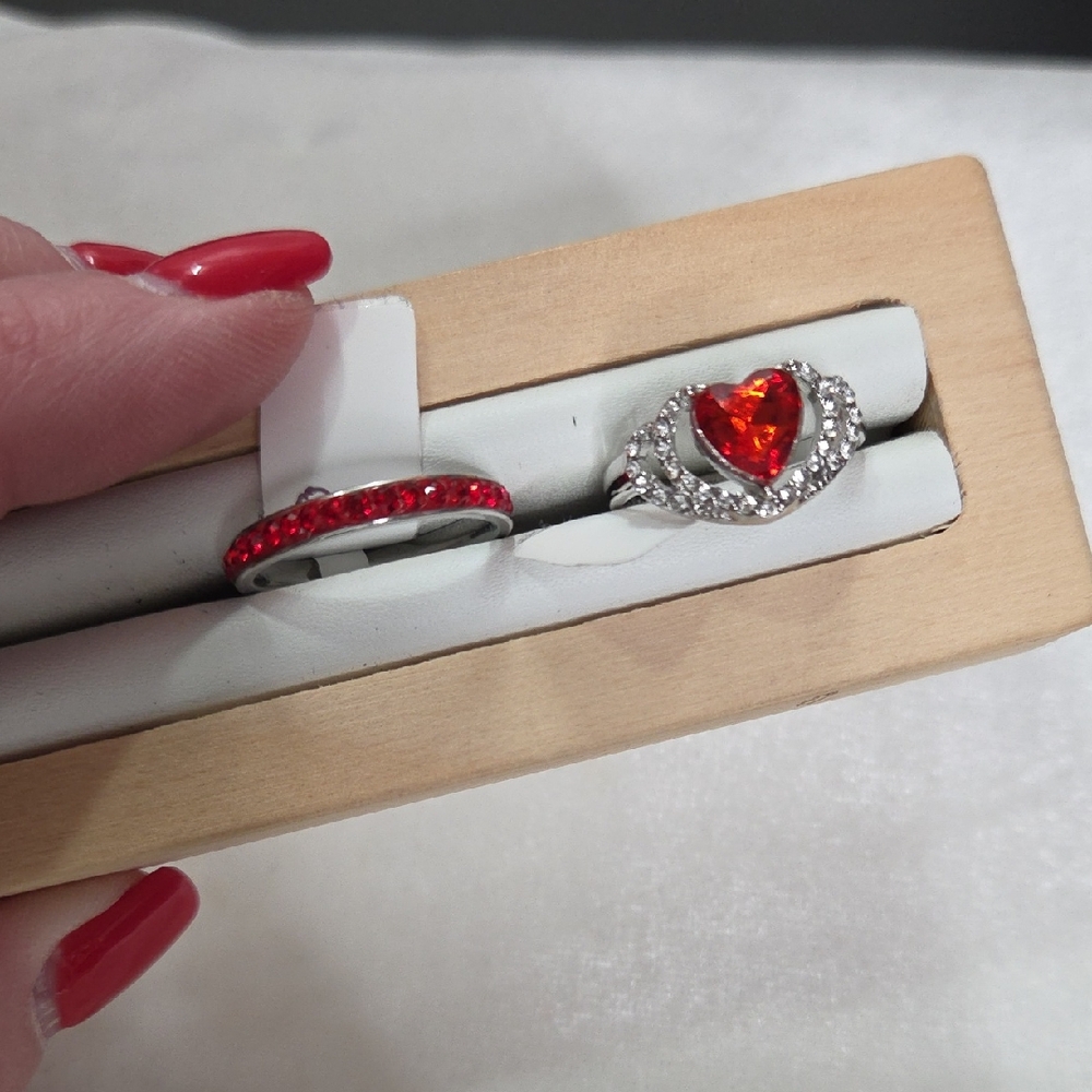 Women’s Lot of 2 Fashion Rings Red Rhinestone Stainless Steel Band & Red Heart